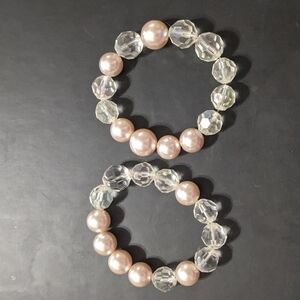 Chunky Faceted Clear & Cream Faux Pearl Stretchy Elastic Statement Bracelet